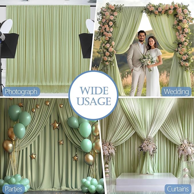 10x10ft Wrinkle Free Sage Green Backdrop Curtain for Parties Soft Fabric Drapes Wedding Curtain Backdrop for Birthday Party Decorations Background for Photography 5x10ft, 2 Panels