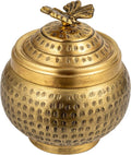 Round Hammered Metal Container with Butterfly Finial, Brass Finish