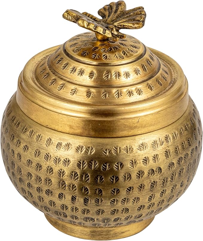 Round Hammered Metal Container with Butterfly Finial, Brass Finish