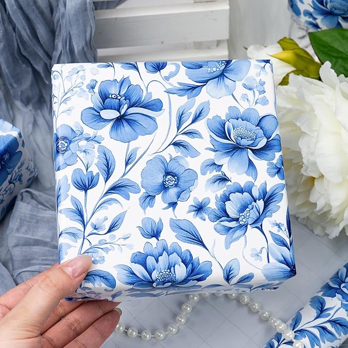 MAYPLUSS Blue Floral Wrapping Paper Roll - 17 Inch x 33 Feet, Blue White Flower Design Gift Wrap for Mother’s Day, Wedding, Bridal Shower, Birthday