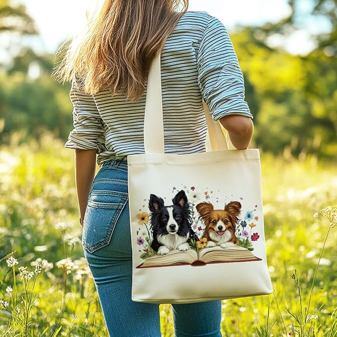ANATTASOUL Canvas Tote Bag Cute Dog and Flowers Reusable Cotton Bag for Women, Durable Cloth Shoulder Bags with Zipper Pockets for Shopping, Vacation, Work, Gym