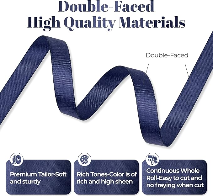 Navy Blue Satin Ribbon, Double Faced 3/8 Inch X 50 Yards Navy Blue Ribbon, Premium Satin Ribbon for Gift Wrapping, Crafts, Hair Bow Making, Sewing, Flower Bouquet, Wedding Party Decor