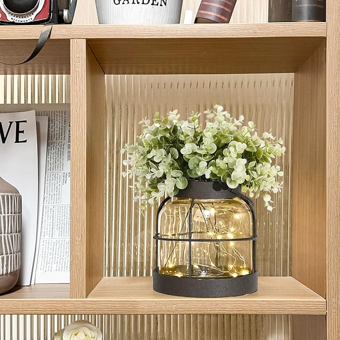 Vintage Glass Farmhouse Vase - Handmade Rustic Lantern Planter with Bonus Artificial Flowers & LED Lights (Home Decor Centerpiece), Farmhouse Wedding/Tabletop Decor, Housewarming Gift
