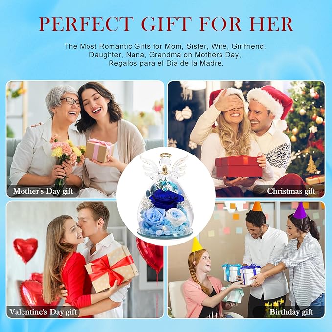 FIACO Gifts for Women Birthday Preserved Rose Forever Flower in Glass Angel Figurines Fresh Flowers for Delivery Prime for Mom Real Roses for Grandma Sister Wife Her from Daughter