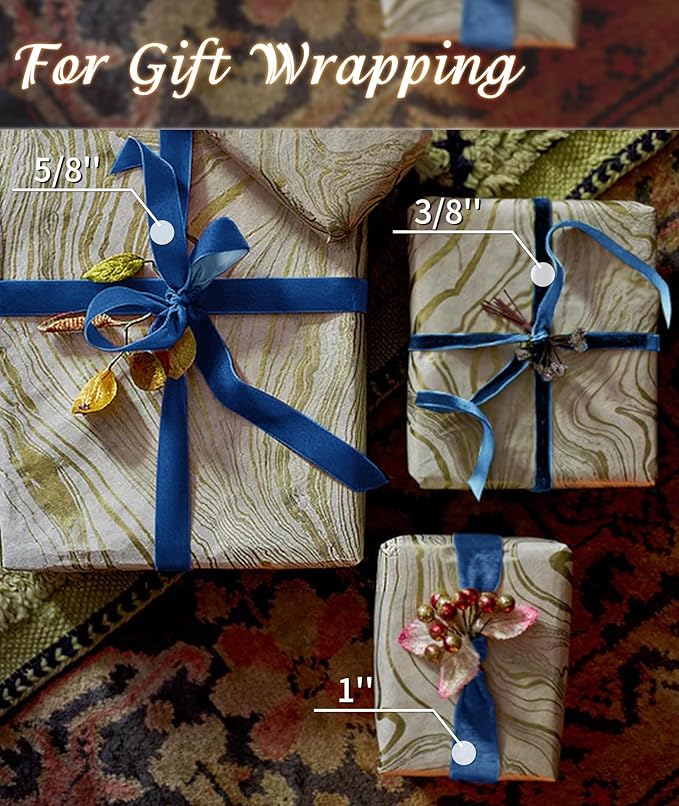 Royal Blue Velvet Ribbon 3/8'' 25 Yards for Christmas Tree, Gift Wrapping, Flower Bouquet, Wreath Decorations, Bow Making