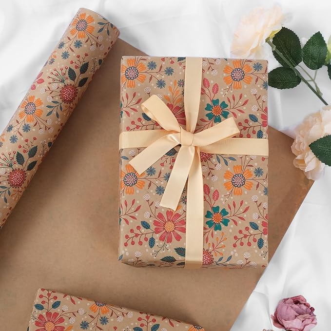 Aimyoo Kraft Floral Wrapping Paper Roll - Jumbo Roll - 30 Inch x 33 Feet - All Occasion Vintage Flower Gift Wrap Paper for Mother's Day Wedding Birthday Bridal Shower