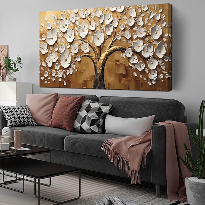 Large Wall Art for Living Room Bedroom Office Tree Art Wall Decor Gold Artwork Tree of Life Wall Art White Flower Framed Wall Decor Modern Canvas Prints 29x59 In