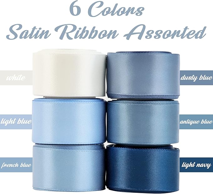 HUIHUANG Dusty Blue Ribbon Set Double-Faced Satin Ribbon 1 inch Dusty Blue Wedding Ribbons for Flower Bouquet Wedding Bridal Shower Baby Shower Decor Hairs Gift Wrap Crafts- 6 Color X 5 Yards Each