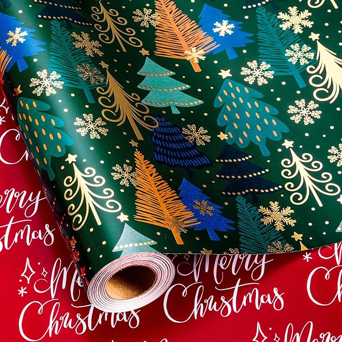 MAYPLUSS Christmas Wrapping Paper Roll - 17 Inch X 33 Feet - Green Gift Wrapping Paper Christmas Tree Snowflake Reversible Red for Holiday Party New Year Kids