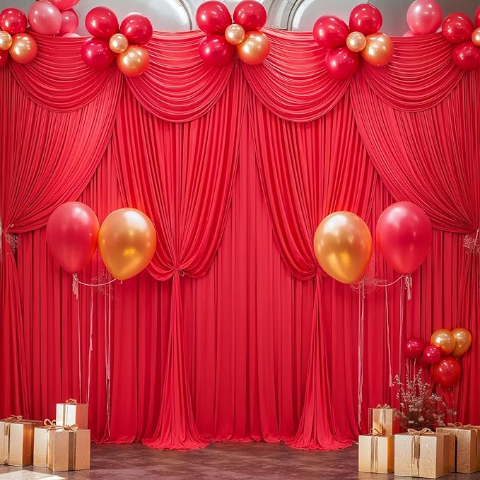 Red Backdrop Curtains 4 Panels-Wrinkle-Free Polyester Photography Drapes Party Photo Backgrounds for Wedding Christmas Photo Backdrops- 16 X10FT (Red)