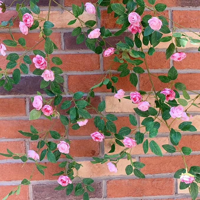 6FT Bendable Pink Rose Flower Garland, Artificial Silk Wild Roses Vine Leaves Hanging Flowers for Wall Fireplace Fence Trellis Wedding Baby Shower Room Home Spring Summer Decor(2PC)