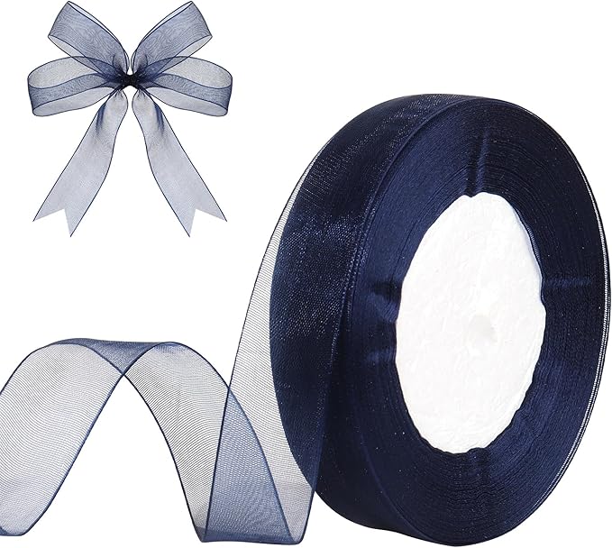 3/4 Inch x 50 Yards Sheer Organza Ribbon Chiffon Ribbon for Gift Wedding Flower Bouquet Wrapping Decorations Crafts(Navy Blue)