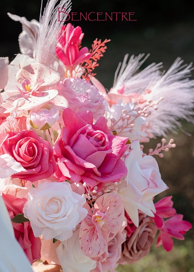 Hot Pink Bridal Bouquets for Bride,14 Inch Wedding Bouquets, for Wedding Ceremony, Anniversary, Party and French Rustic Vintage Wedding,Artificial Flowers