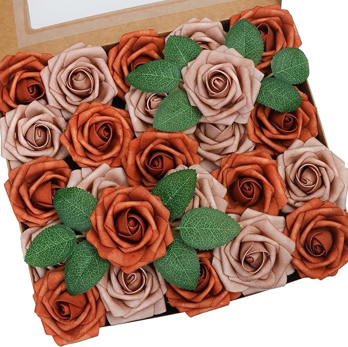 50pcs Artificial Flower，Real Touch Foam Roses w/Stem DIY for Wedding Bouquet Centerpieces Party Shower Home Decor-Burnt Orange Taupe