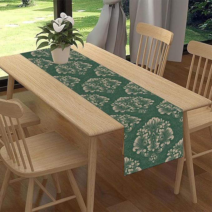 Vintage Damask Table Runner, Green Classical Luxury Old Fashioned Damask Royal Victorian Floral Print Table Center Decor for Family Kitchen Table Decorations Indoor Outdoor 13x108 inch