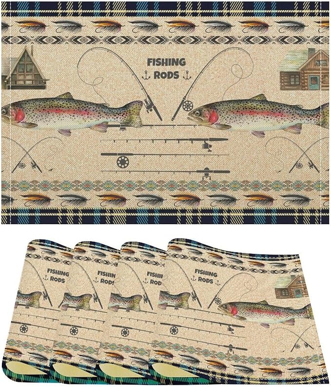 Rustic Cabin Bear Placemats Fishing Rods Lure Southwestern Check Plaid Blue Art Printed Dining Table Mats Set of 4 for Home Kitchen Holiday Picnic Party Decor 12x18in