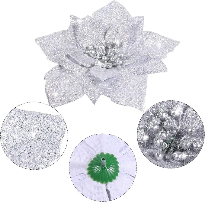 Boao 24 Pieces Glitter Poinsettia Artificial Christmas Flowers Poinsettia Decorations Wedding Christmas Tree Ornaments, 3/4/6 Inches (Silver)