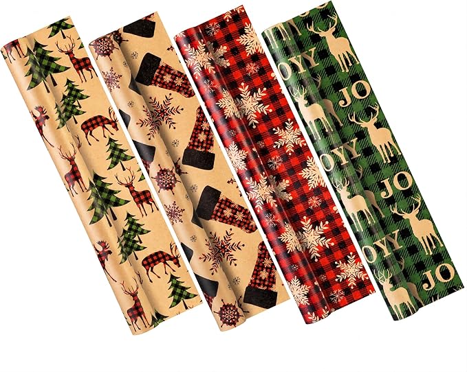 Christmas Wrapping Paper, Holiday Kraft Gift Paper (4 Rolls: 93 sq. ft. ttl) - Red/Green and Black Plaid Grid Patterns, Stockings Snowflakes Pine Tree and Reindeer - 17 inches x 16.5 feet Per Roll