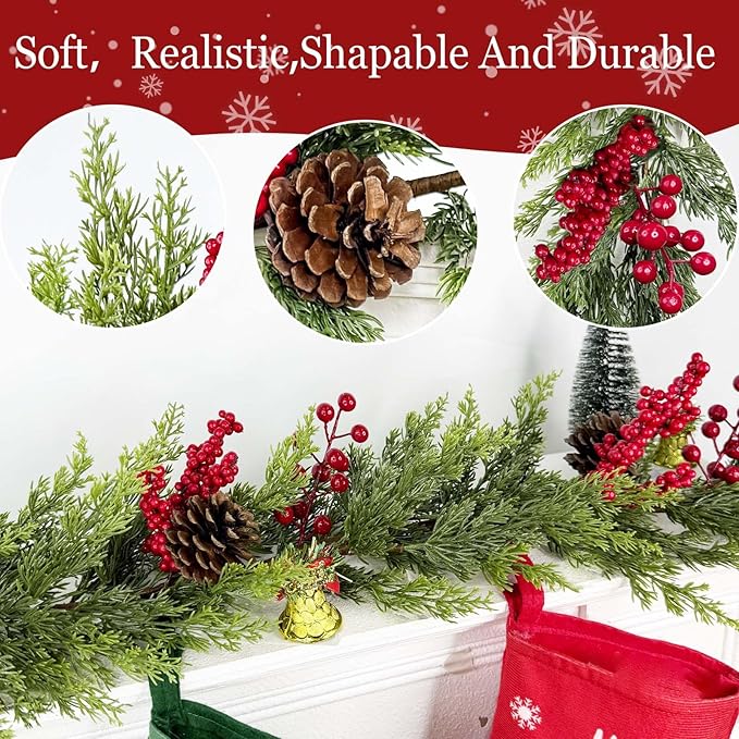 6 Ft Christmas Garland - Real Touch Cedar Garland with Red Berry Clusters Pinecones by 90 Cedar Branches, Realistic Greenery Faux,Christmas Garlands for Mantle Fireplace Table Centerpiece Decor