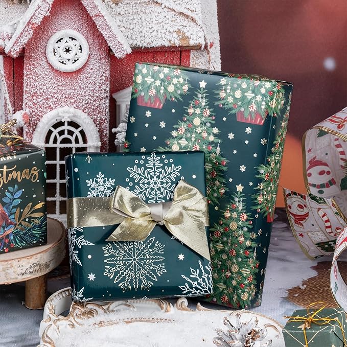 WRAPAHOLIC Christmas Wrapping Paper Roll - Mini Roll - 3 Rolls - 17 Inch x 120 Inch Per Roll - Green Christmas Tree and Snowflake Holiday Design with Metallic Foil Shine