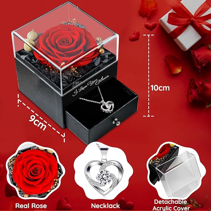 Gifts for Women Birthday, Preserved Real Red Rose with Necklace Gifts for Mom, Eternal Roses Forever Flowers Gifts for Girlfriend Mom Grandma Wife Mother's Day Birthday Anniversary