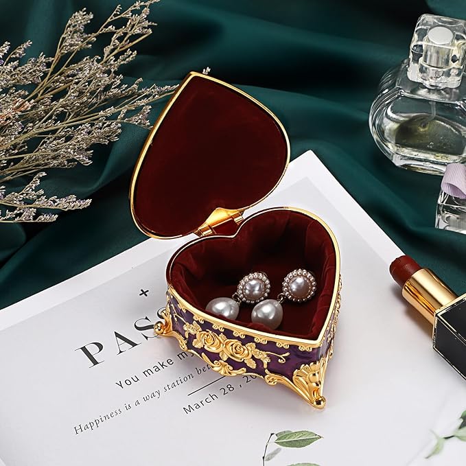 Hipiwe Decorative Jewelry Box Purple Vintage Jewelry Storage Case with Rose Pattern Heart Shaped Treasure Chest Box for Earrings Ring Necklace Keepsake Organizer