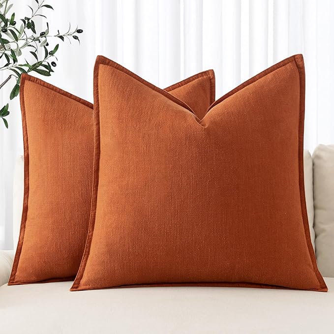 MIULEE Decorative Linen Pillow Covers 20x20 Inch Burnt Orange Boho Farmhouse Neutral Couch Throw Pillows for Bed Pack of 2 Accent Modern Pillowcase Summer Sofa Livingroom Home Decor