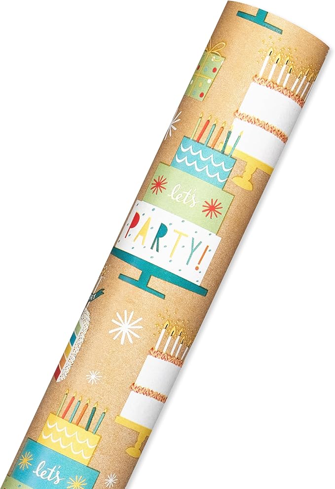 American Greetings 175 sq. ft. Reversible Wrapping Paper for Birthdays and All Occasions, Birthday Cakes and Gifts (1 Roll, 30 in x 70 ft.)