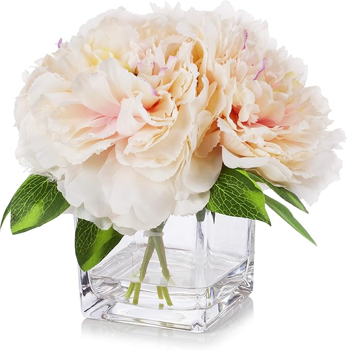 ENOVA HOME Silk Peony Flowers Arrangements in Cube Glass Vase with Faux Water for Home Table Wedding Centerpiece Decoration (Peach)