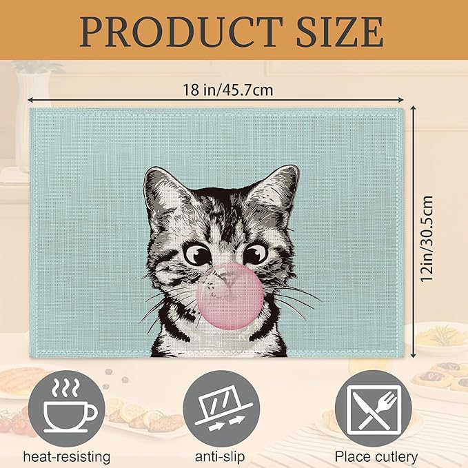 Funny Cat Placemats Set of 6,Washable Heat Resistant 12×18 Inch Linen Table Mats,Place Mats for Party Outdoor Dining Décor