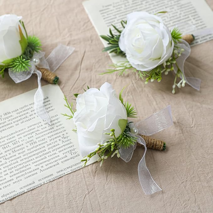 4pcs White Rose Boutonniere for Men Artificial Rose Flower for Wedding Flowers Ceremony Prom Flower (4 Boutonniere)