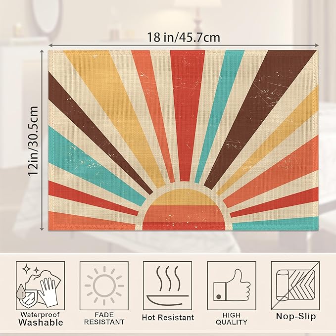 Vintage Sun Placemats Set of 6,Sunrise Sunset Table Mats Non-Slip Heat Resistant Washable Placemat for Party Kitchen Dining Table Decoration Indoor Outdoor