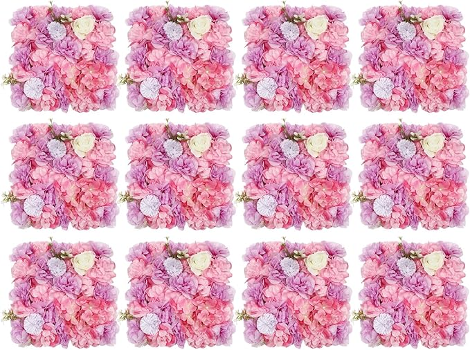 12Pcs Artificial Flower Wall Panel,3D 15" X 15" Silk Rose Mat Artificial Flower Wall,Decorative Backdrop Flower Panels Wall for Wedding Party Stage Baby Shower Decor (White,Pink,Purple)