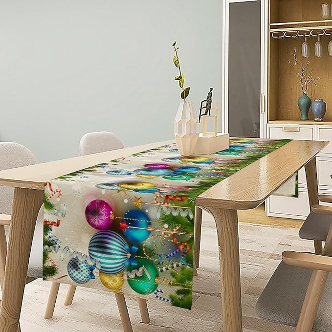 Christmas Table Runner,Colorful Balls Xmas Tree Snowflake Pattern Print Tablecloth Burlap for Hotel Indoors Outdoor Dining Room Kitchen Home Decor,W13X L80 in