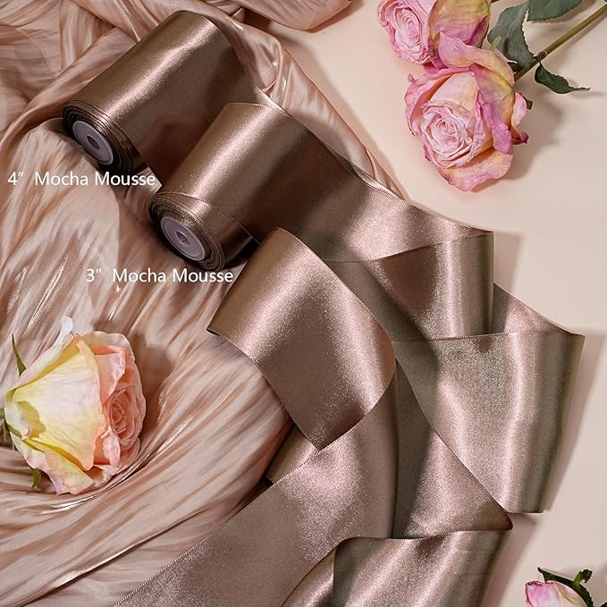 LaRibbons Brown Satin Ribbon 4 Inch 10 Yards Double Faced Luxury Mocha Silk Ribbon for Gift Wrapping Flower Bouquets Bow Christmas Wedding Party Decoration