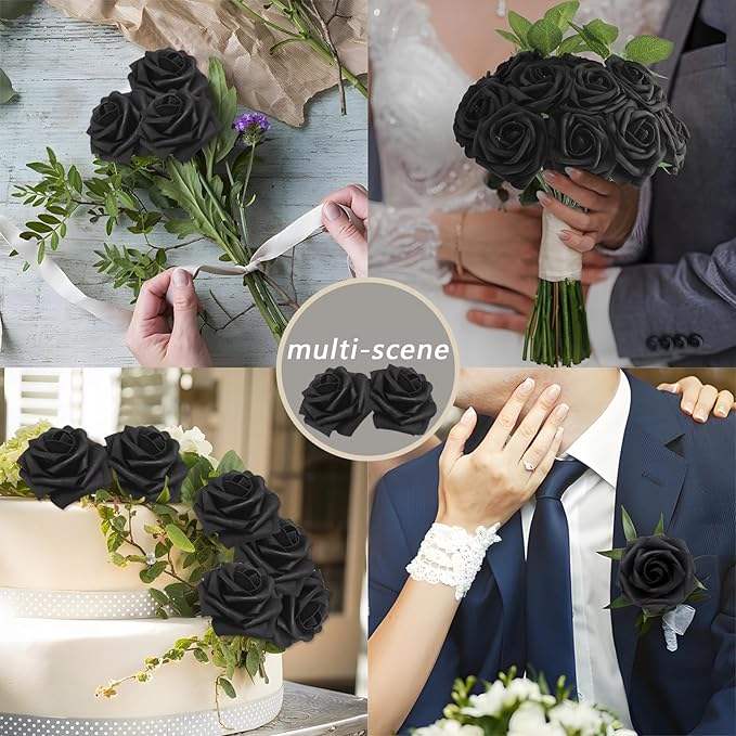 100PCS Black Artificial Flowers Roses Real Looking Foam Fake Roses with Leaves and for DIY Wedding Bouquets Bridal Shower Centerpieces Party Decorations (Black, 100)