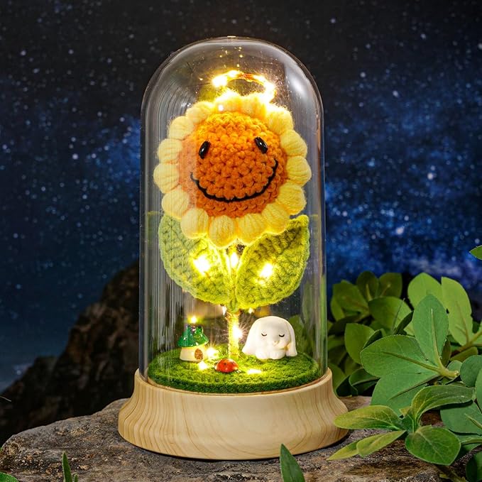 Levvohd Eternal Sunflower Gifts for Women, with Led Glass Dome Smiley Crochet Artificial Sun Flower Desk Decorations, for Her Mom Mothers Day Birthday Christmas Valentine Gifts (W 4.3" X H 7.5")