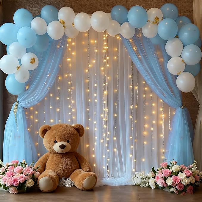 10x10ft Baby Blue Tulle Backdrop Curtain with Lights String for Parites, Sheer Backdrop Curtains for Wedding Baby Shower Birthday Party Photo Shoot Decorations