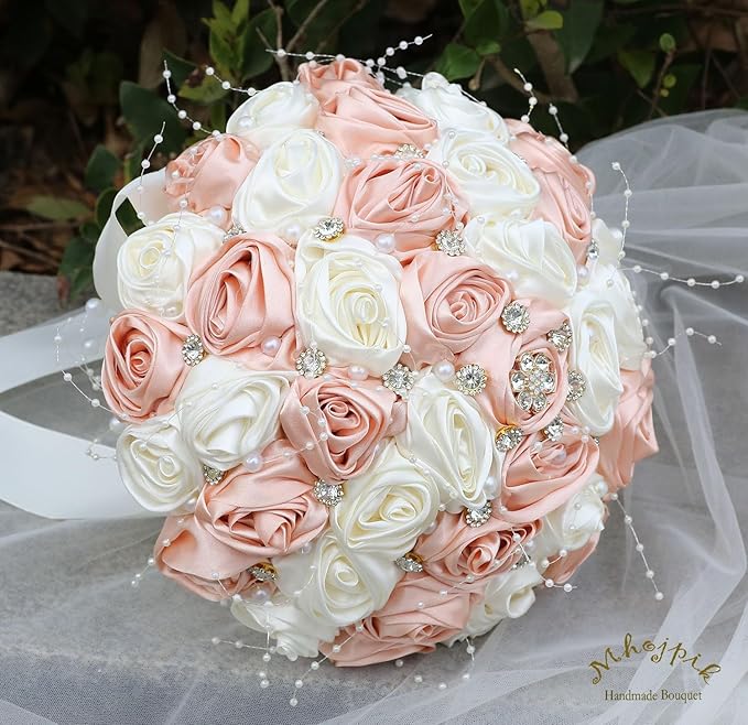 Bridal Wedding Bouquet Round Bling Brooch Bouquet Throw Toss Artificial Rose Flower Bunch for Bride Bridesmaid Wedding Quinceanera(Peach Pink & Ivory, 9.8")