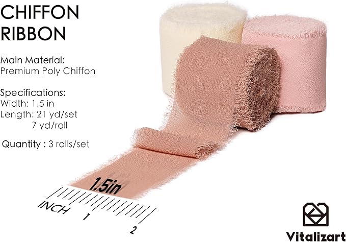 Vitalizart Pink Handmade Chiffon Silk Ribbon Fringe 1.5" x 21 Yd Blush Pink & White Frayed Edges Ribbons for Wedding Invitations Bridal Bouquets Gifts Wrapping Crafts Holiday Party Decorations