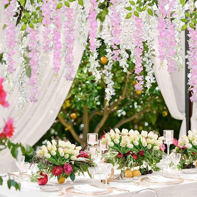12 Pack Pink Wisteria Hanging Flowers Garland, 3.77 Feet Artificial Flower Vines, Fake Wisteria, Artificial Vines Hanging Garland for Backdrop Outdoor Yard Garden Decor