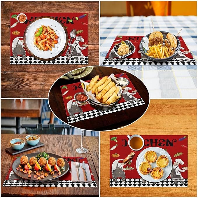 Chef Cooking Placemats Cartoon Rustic Vegetable Fruit Lattice Pastry Fat Chef Carrot Corn Gourmet Cookware Placemats Table Kitchen Dining Party 12x18 Inch Set of 6