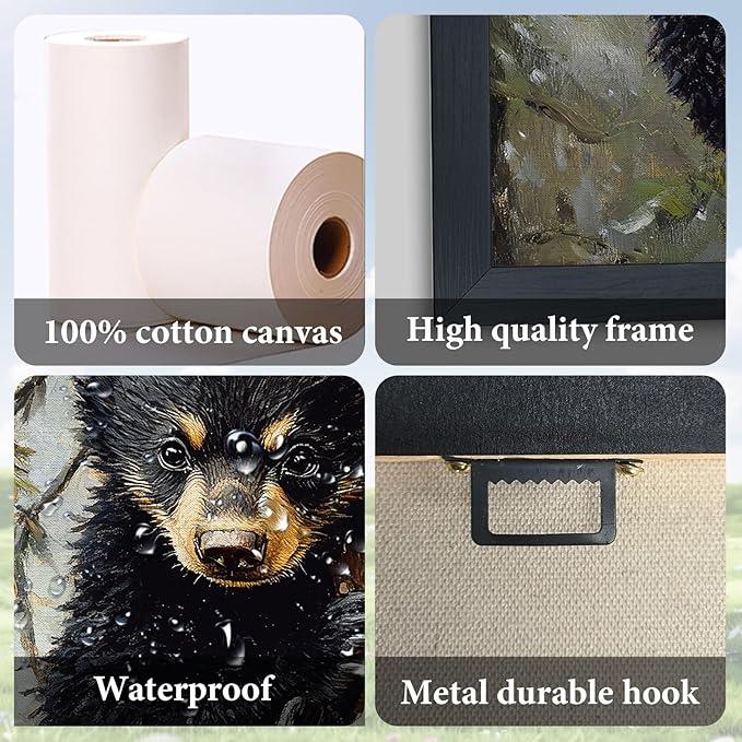 Cabin Bear Large Wall Art Black Bear Cubs Pictures Wall Decor Rustic Forest Animals Lodge Canvas Prints Wildlife Painting Framed Artwork Decoration for Nursery Bedroom Living Room Office 30"x60"