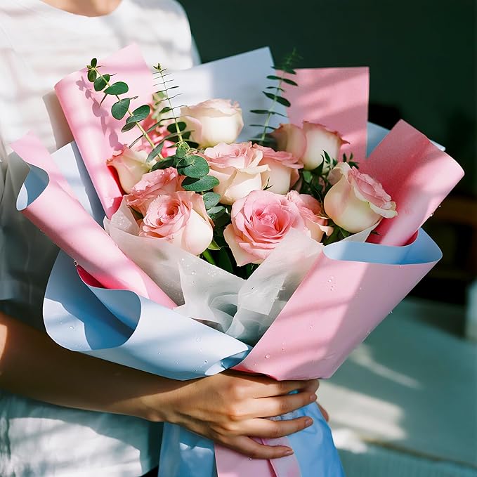 WRAPAHOLIC 20 Sheets Flower Wrapping Paper - 22.4 x 22.4 inch Pink Blue Color Water-Resistant Floral Bouquet Wrapping Paper, Florist Supplies Packaging for Wedding Birthday Gift DIY