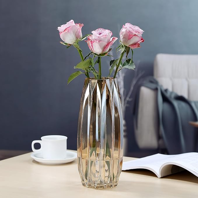 Amber Glass Vase - Modern Tall/Short Ribbed Vase for Flowers & Candles - Amber H11.8" Centerpiece HomeDecor