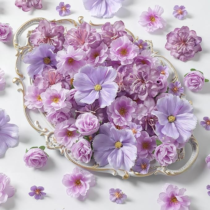 210Pcs Mini Fake Flower Heads Purple Small Silk Faux Flower Heads Artificial Rose Daisy Multicolor Flowers Bulk for Cake Crafts DIY Graduation Cap Wedding Hair Dresses Wreath Party Home Decor