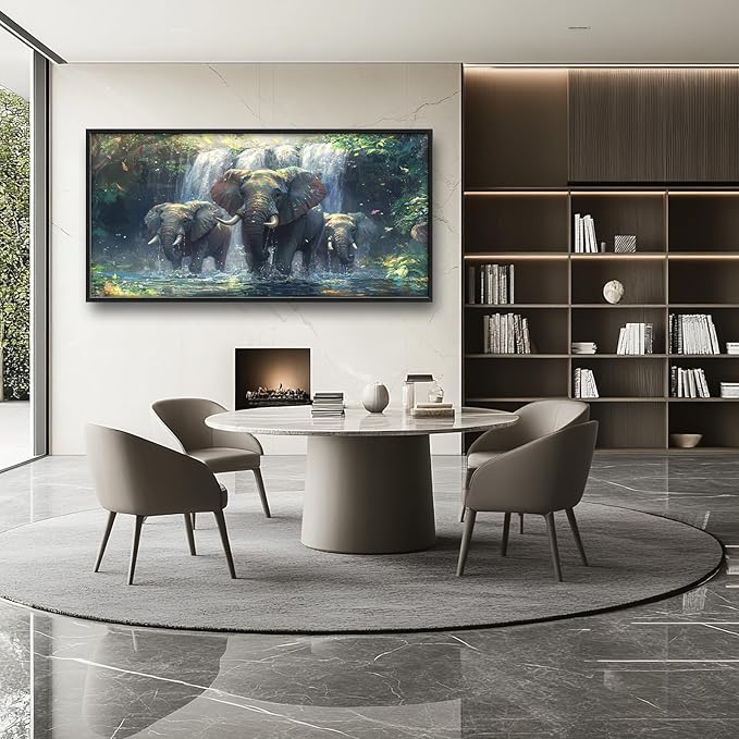 Large Elephant Wall Art for Living Room, Framed Oversized Forest Waterfall Wall Decor, Nature Landscape Canvas Painting Wildlife Artwork for Living Room Dining Room Bathroom Bedroom Office 60"x30"