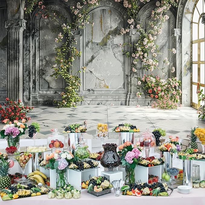 Baocicco 9x6ft Place Flower Wall Photography Background Victoria Arch European Castle Wall Pink Red Rose Backdrop for Women Girls Themed Party Decorations Wedding Baby Shower Cake Table Photoshoot