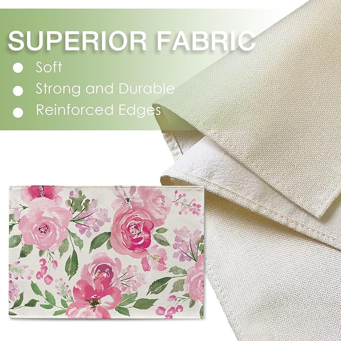 Seliem Spring Summer Watercolor Flower Placemats Set of 4, Pink Peony Floral Dining Table Place Mats, Seasonal Kitchen Decor Home Decoration 12 x 18 Inch