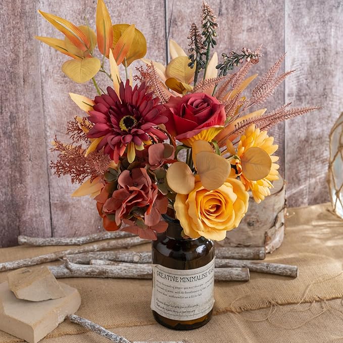 Fake Silk Flowers Bouquet Faux Centerpieces with Roses, Gerberas, Hydrangea etc, Realistic Artificial Floral Arrangements for Home Kitchen Decor